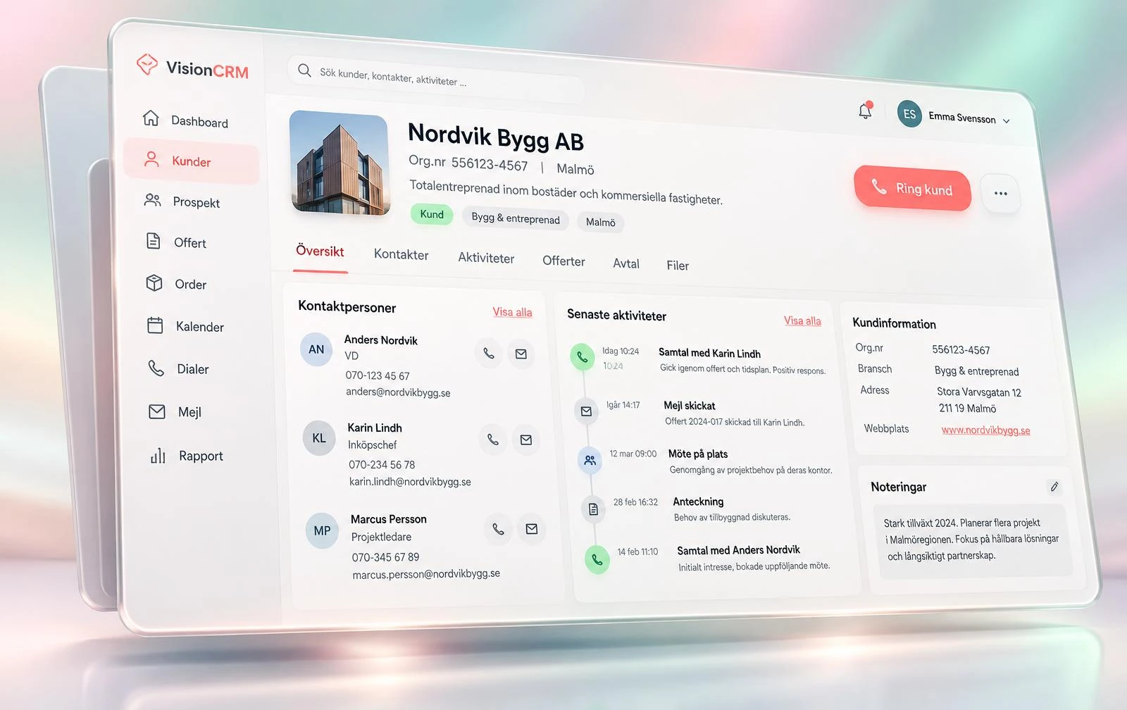 Kundkort i Vision CRM på svenska med historik, affärer och nästa aktivitet