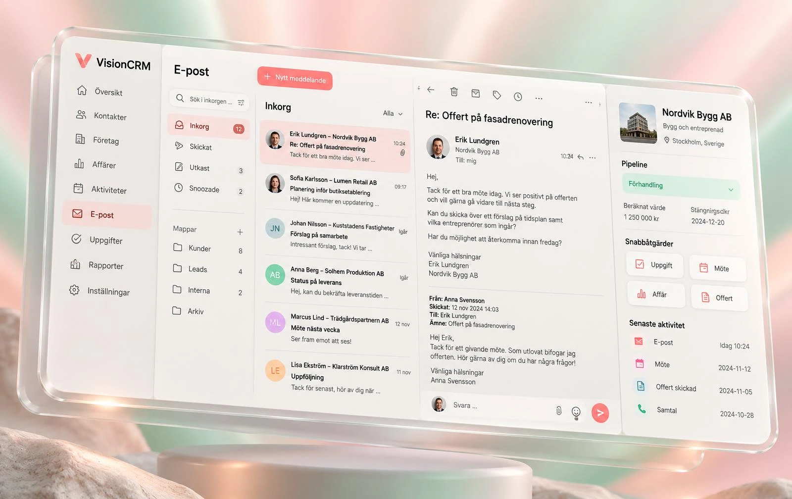 E-post i Vision CRM med inkorg, konversation och kundens pipeline