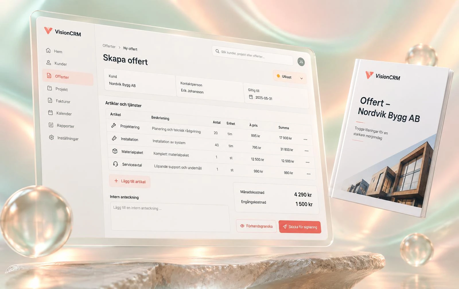 Offertvyn i Vision CRM på svenska med mallar och radartiklar