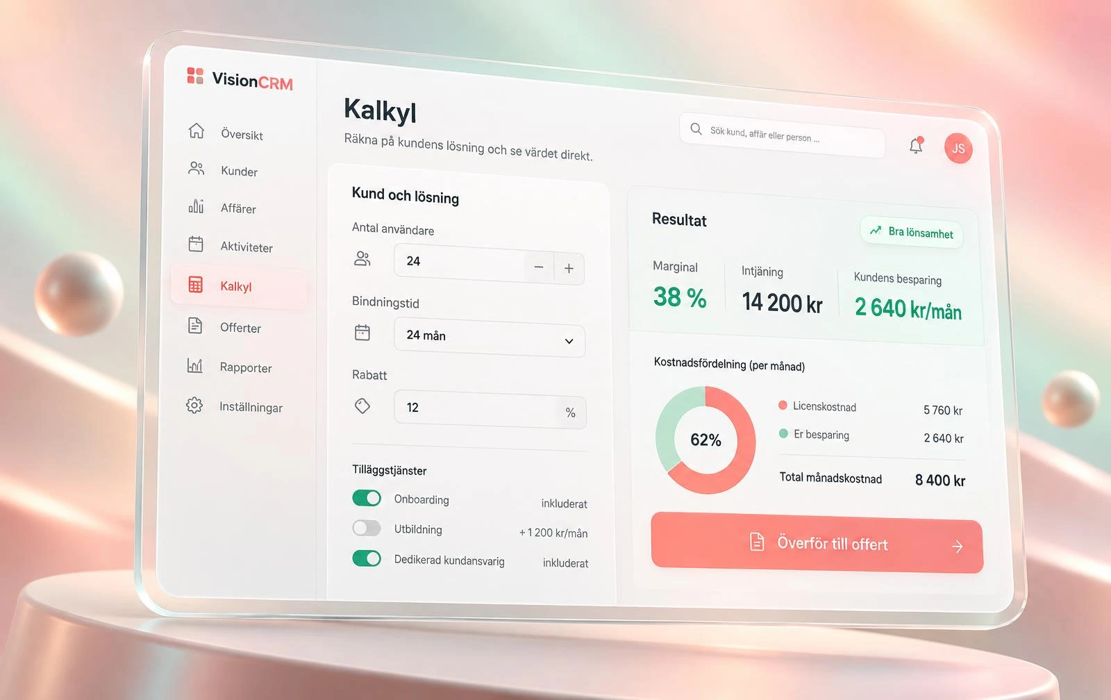Kalkylvy i Vision CRM med antal användare, bindningstid och marginal